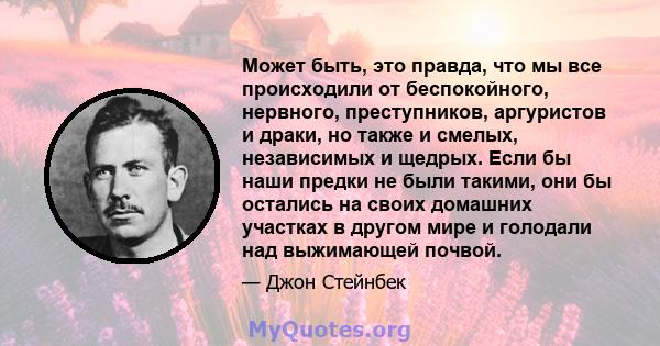 Может быть, это правда, что мы все происходили от беспокойного, нервного, преступников, аргуристов и драки, но также и смелых, независимых и щедрых. Если бы наши предки не были такими, они бы остались на своих домашних