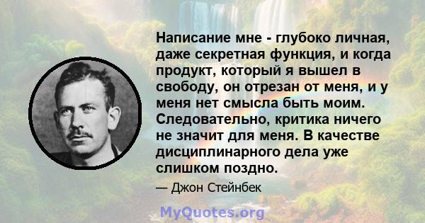 Написание мне - глубоко личная, даже секретная функция, и когда продукт, который я вышел в свободу, он отрезан от меня, и у меня нет смысла быть моим. Следовательно, критика ничего не значит для меня. В качестве