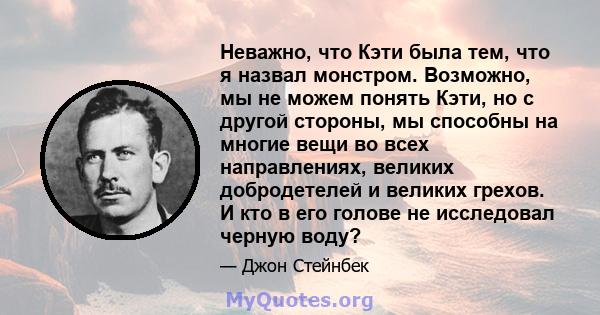 Неважно, что Кэти была тем, что я назвал монстром. Возможно, мы не можем понять Кэти, но с другой стороны, мы способны на многие вещи во всех направлениях, великих добродетелей и великих грехов. И кто в его голове не