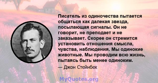 Писатель из одиночества пытается общаться как далекая звезда, посылающая сигналы. Он не говорит, не преподает и не заказывает. Скорее он стремится установить отношения смысла, чувства, наблюдения. Мы одинокие животные.