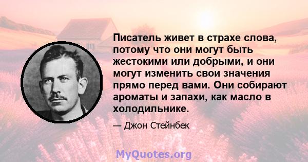 Писатель живет в страхе слова, потому что они могут быть жестокими или добрыми, и они могут изменить свои значения прямо перед вами. Они собирают ароматы и запахи, как масло в холодильнике.