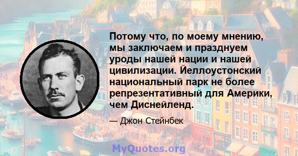 Потому что, по моему мнению, мы заключаем и празднуем уроды нашей нации и нашей цивилизации. Йеллоустонский национальный парк не более репрезентативный для Америки, чем Диснейленд.