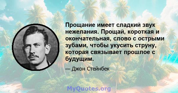 Прощание имеет сладкий звук нежелания. Прощай, короткая и окончательная, слово с острыми зубами, чтобы укусить струну, которая связывает прошлое с будущим.