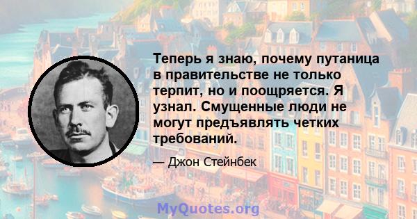 Теперь я знаю, почему путаница в правительстве не только терпит, но и поощряется. Я узнал. Смущенные люди не могут предъявлять четких требований.