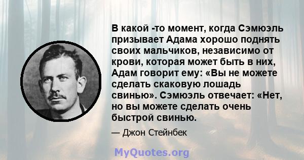 В какой -то момент, когда Сэмюэль призывает Адама хорошо поднять своих мальчиков, независимо от крови, которая может быть в них, Адам говорит ему: «Вы не можете сделать скаковую лошадь свинью». Сэмюэль отвечает: «Нет,