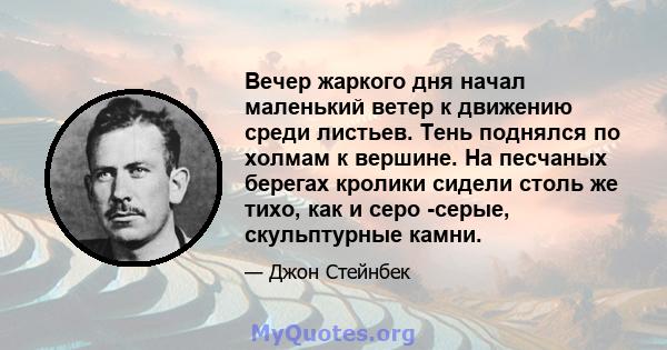 Вечер жаркого дня начал маленький ветер к движению среди листьев. Тень поднялся по холмам к вершине. На песчаных берегах кролики сидели столь же тихо, как и серо -серые, скульптурные камни.