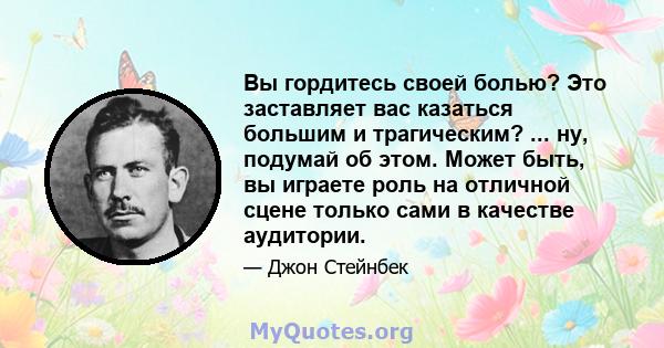 Вы гордитесь своей болью? Это заставляет вас казаться большим и трагическим? ... ну, подумай об этом. Может быть, вы играете роль на отличной сцене только сами в качестве аудитории.