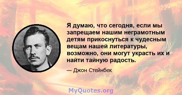 Я думаю, что сегодня, если мы запрещаем нашим неграмотным детям прикоснуться к чудесным вещам нашей литературы, возможно, они могут украсть их и найти тайную радость.