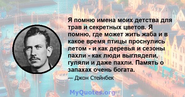 Я помню имена моих детства для трав и секретных цветов. Я помню, где может жить жаба и в какое время птицы проснулись летом - и как деревья и сезоны пахли - как люди выглядели, гуляли и даже пахли. Память о запахах