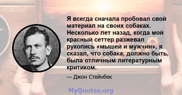 Я всегда сначала пробовал свой материал на своих собаках. Несколько лет назад, когда мой красный сеттер разжевал рукопись «мышей и мужчин», я сказал, что собака, должно быть, была отличным литературным критиком.