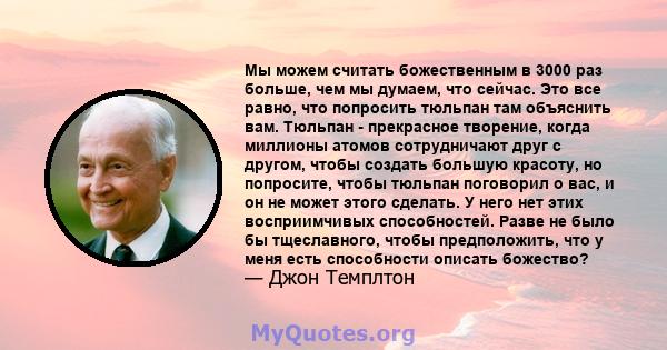 Мы можем считать божественным в 3000 раз больше, чем мы думаем, что сейчас. Это все равно, что попросить тюльпан там объяснить вам. Тюльпан - прекрасное творение, когда миллионы атомов сотрудничают друг с другом, чтобы