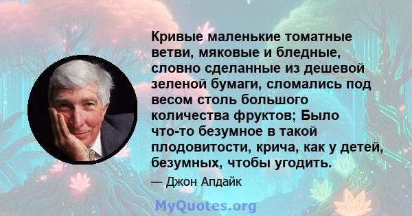 Кривые маленькие томатные ветви, мяковые и бледные, словно сделанные из дешевой зеленой бумаги, сломались под весом столь большого количества фруктов; Было что-то безумное в такой плодовитости, крича, как у детей,