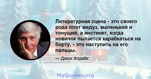 Литературная сцена - это своего рода плот медуз, маленький и тонущий, а инстинкт, когда новичок пытается карабкаться на борту, - это наступить на его пальцы.