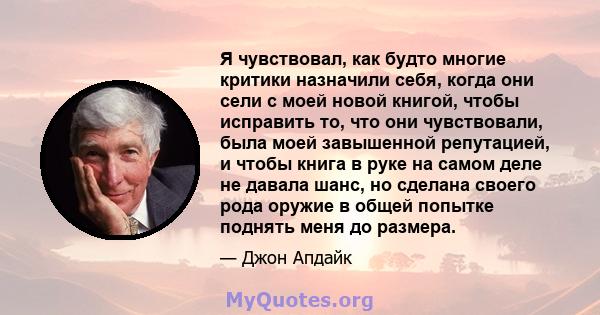 Я чувствовал, как будто многие критики назначили себя, когда они сели с моей новой книгой, чтобы исправить то, что они чувствовали, была моей завышенной репутацией, и чтобы книга в руке на самом деле не давала шанс, но