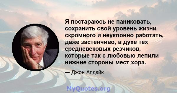 Я постараюсь не паниковать, сохранить свой уровень жизни скромного и неуклонно работать, даже застенчиво, в духе тех средневековых резчиков, которые так с любовью лепили нижние стороны мест хора.