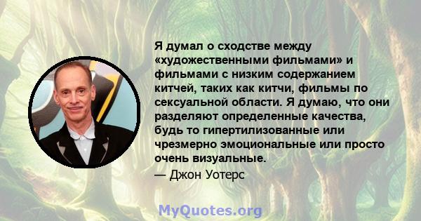 Я думал о сходстве между «художественными фильмами» и фильмами с низким содержанием китчей, таких как китчи, фильмы по сексуальной области. Я думаю, что они разделяют определенные качества, будь то гипертилизованные или 