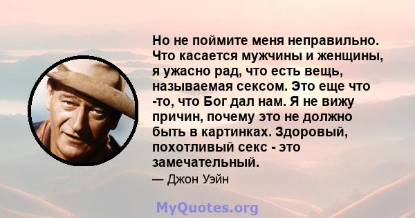 Но не поймите меня неправильно. Что касается мужчины и женщины, я ужасно рад, что есть вещь, называемая сексом. Это еще что -то, что Бог дал нам. Я не вижу причин, почему это не должно быть в картинках. Здоровый,