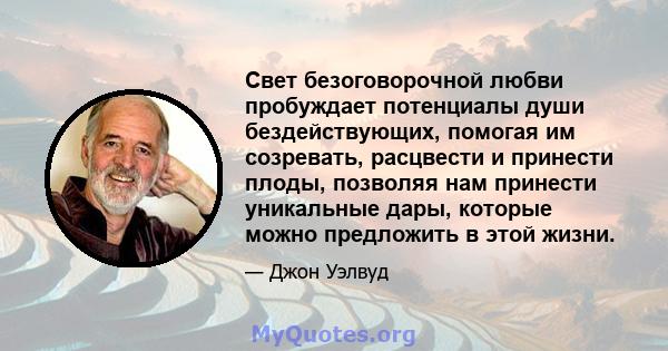 Свет безоговорочной любви пробуждает потенциалы души бездействующих, помогая им созревать, расцвести и принести плоды, позволяя нам принести уникальные дары, которые можно предложить в этой жизни.