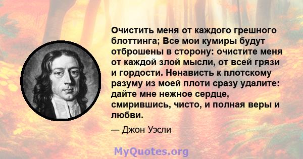 Очистить меня от каждого грешного блоттинга; Все мои кумиры будут отброшены в сторону: очистите меня от каждой злой мысли, от всей грязи и гордости. Ненависть к плотскому разуму из моей плоти сразу удалите: дайте мне