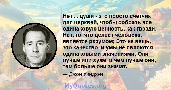 Нет ... души - это просто счетчик для церквей, чтобы собрать все одинаковую ценность, как гвозди. Нет, то, что делает человека, является разумом; Это не вещь, это качество, и умы не являются одинаковыми значениями; Они