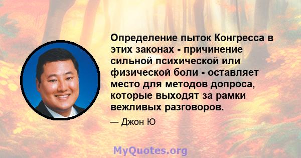 Определение пыток Конгресса в этих законах - причинение сильной психической или физической боли - оставляет место для методов допроса, которые выходят за рамки вежливых разговоров.