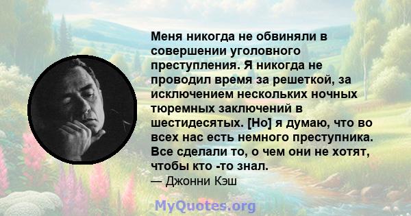 Меня никогда не обвиняли в совершении уголовного преступления. Я никогда не проводил время за решеткой, за исключением нескольких ночных тюремных заключений в шестидесятых. [Но] я думаю, что во всех нас есть немного