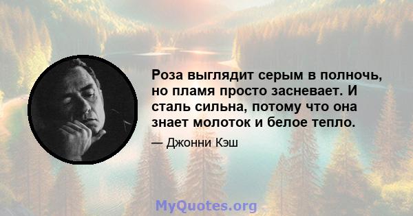 Роза выглядит серым в полночь, но пламя просто засневает. И сталь сильна, потому что она знает молоток и белое тепло.