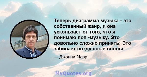 Теперь диаграмма музыка - это собственный жанр, и она ускользает от того, что я понимаю поп -музыку. Это довольно сложно принять; Это забивает воздушные волны.