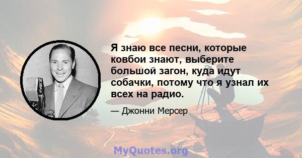 Я знаю все песни, которые ковбои знают, выберите большой загон, куда идут собачки, потому что я узнал их всех на радио.