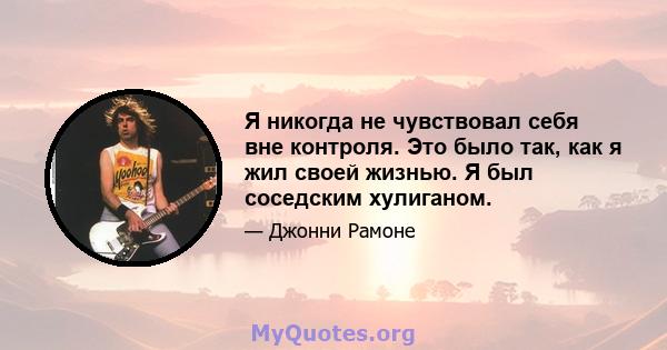 Я никогда не чувствовал себя вне контроля. Это было так, как я жил своей жизнью. Я был соседским хулиганом.