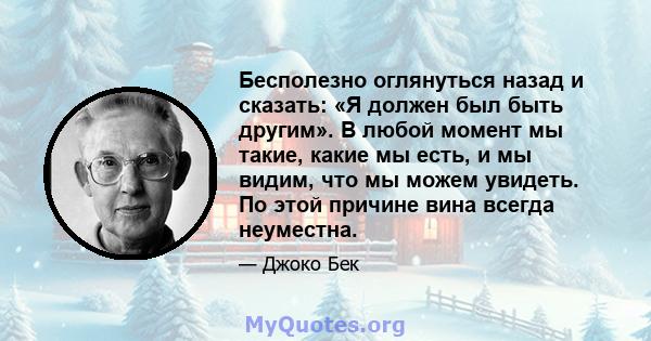 Бесполезно оглянуться назад и сказать: «Я должен был быть другим». В любой момент мы такие, какие мы есть, и мы видим, что мы можем увидеть. По этой причине вина всегда неуместна.