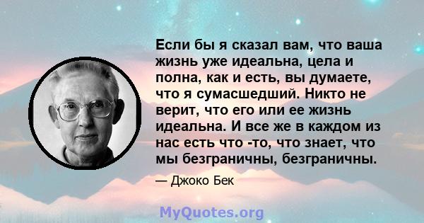 Если бы я сказал вам, что ваша жизнь уже идеальна, цела и полна, как и есть, вы думаете, что я сумасшедший. Никто не верит, что его или ее жизнь идеальна. И все же в каждом из нас есть что -то, что знает, что мы