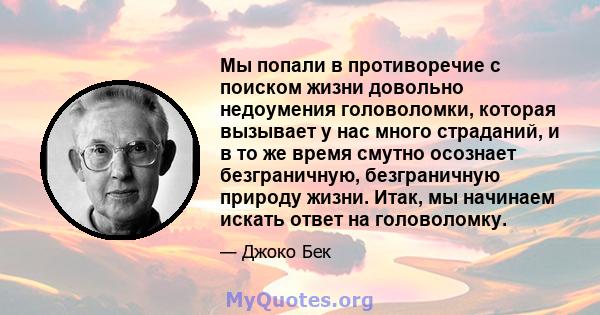 Мы попали в противоречие с поиском жизни довольно недоумения головоломки, которая вызывает у нас много страданий, и в то же время смутно осознает безграничную, безграничную природу жизни. Итак, мы начинаем искать ответ