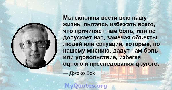 Мы склонны вести всю нашу жизнь, пытаясь избежать всего, что причиняет нам боль, или не допускает нас, замечая объекты, людей или ситуации, которые, по нашему мнению, дадут нам боль или удовольствие, избегая одного и