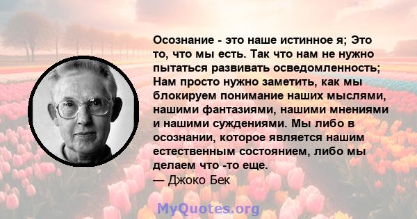 Осознание - это наше истинное я; Это то, что мы есть. Так что нам не нужно пытаться развивать осведомленность; Нам просто нужно заметить, как мы блокируем понимание наших мыслями, нашими фантазиями, нашими мнениями и