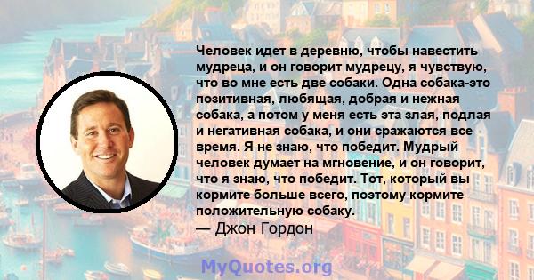 Человек идет в деревню, чтобы навестить мудреца, и он говорит мудрецу, я чувствую, что во мне есть две собаки. Одна собака-это позитивная, любящая, добрая и нежная собака, а потом у меня есть эта злая, подлая и