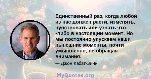 Единственный раз, когда любой из нас должен расти, изменять, чувствовать или узнать что -либо в настоящий момент. Но мы постоянно упускаем наши нынешние моменты, почти умышленно, не обращая внимания.