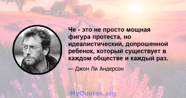 Че - это не просто мощная фигура протеста, но идеалистический, допрошенной ребенок, который существует в каждом обществе и каждый раз.