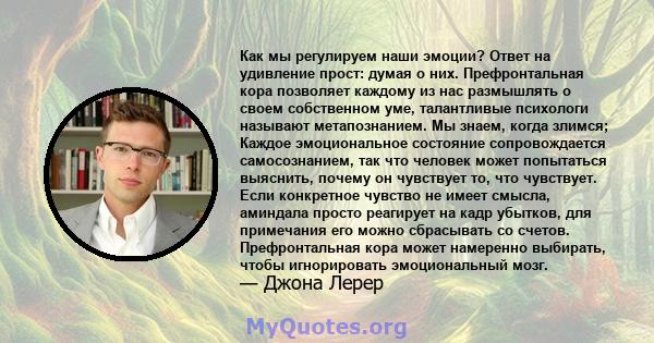 Как мы регулируем наши эмоции? Ответ на удивление прост: думая о них. Префронтальная кора позволяет каждому из нас размышлять о своем собственном уме, талантливые психологи называют метапознанием. Мы знаем, когда