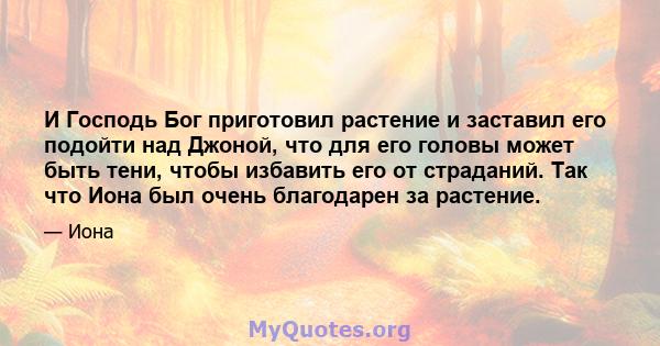 И Господь Бог приготовил растение и заставил его подойти над Джоной, что для его головы может быть тени, чтобы избавить его от страданий. Так что Иона был очень благодарен за растение.