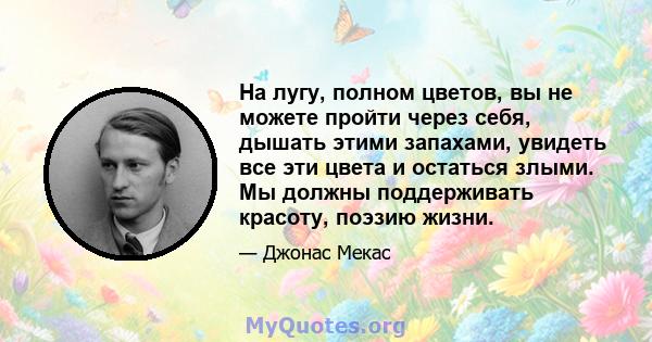 На лугу, полном цветов, вы не можете пройти через себя, дышать этими запахами, увидеть все эти цвета и остаться злыми. Мы должны поддерживать красоту, поэзию жизни.