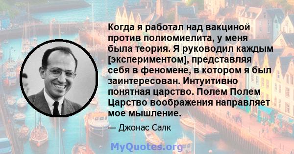 Когда я работал над вакциной против полиомиелита, у меня была теория. Я руководил каждым [экспериментом], представляя себя в феномене, в котором я был заинтересован. Интуитивно понятная царство. Полем Полем Царство