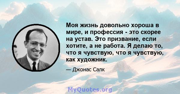 Моя жизнь довольно хороша в мире, и профессия - это скорее на устав. Это призвание, если хотите, а не работа. Я делаю то, что я чувствую, что я чувствую, как художник.