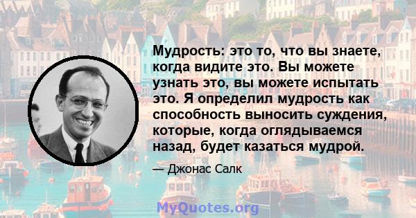 Мудрость: это то, что вы знаете, когда видите это. Вы можете узнать это, вы можете испытать это. Я определил мудрость как способность выносить суждения, которые, когда оглядываемся назад, будет казаться мудрой.