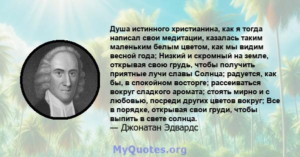 Душа истинного христианина, как я тогда написал свои медитации, казалась таким маленьким белым цветом, как мы видим весной года; Низкий и скромный на земле, открывая свою грудь, чтобы получить приятные лучи славы