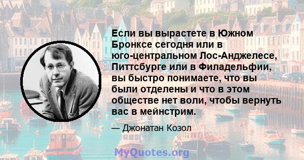 Если вы вырастете в Южном Бронксе сегодня или в юго-центральном Лос-Анджелесе, Питтсбурге или в Филадельфии, вы быстро понимаете, что вы были отделены и что в этом обществе нет воли, чтобы вернуть вас в мейнстрим.