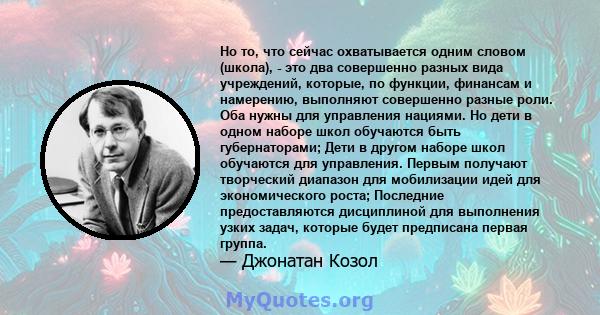 Но то, что сейчас охватывается одним словом (школа), - это два совершенно разных вида учреждений, которые, по функции, финансам и намерению, выполняют совершенно разные роли. Оба нужны для управления нациями. Но дети в