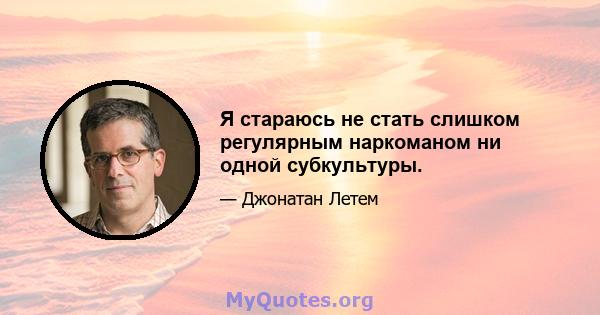 Я стараюсь не стать слишком регулярным наркоманом ни одной субкультуры.