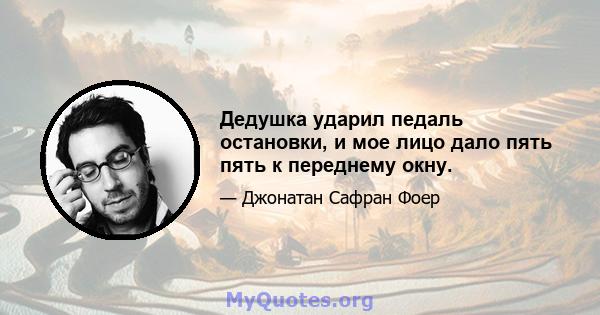 Дедушка ударил педаль остановки, и мое лицо дало пять пять к переднему окну.