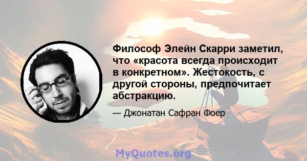 Философ Элейн Скарри заметил, что «красота всегда происходит в конкретном». Жестокость, с другой стороны, предпочитает абстракцию.